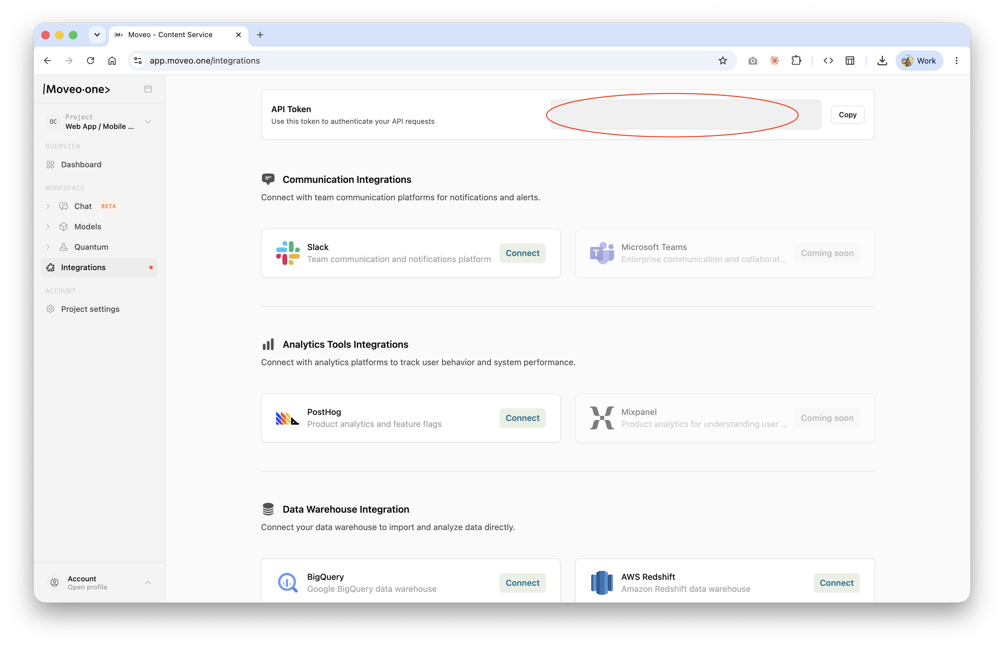 Moveo One Integrations page showing the API Token field