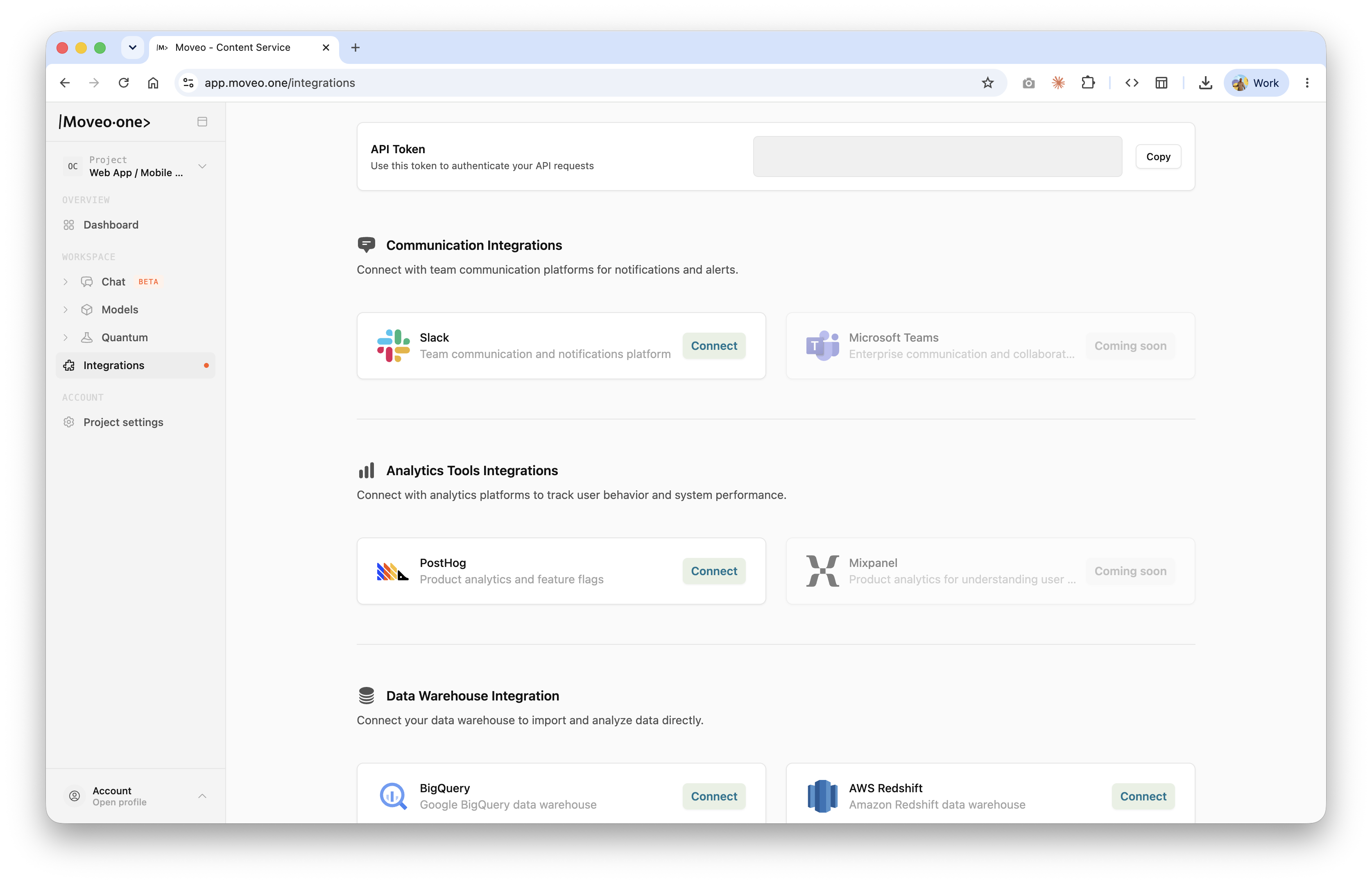 Moveo One Integrations page — API Token and the PostHog Connect card