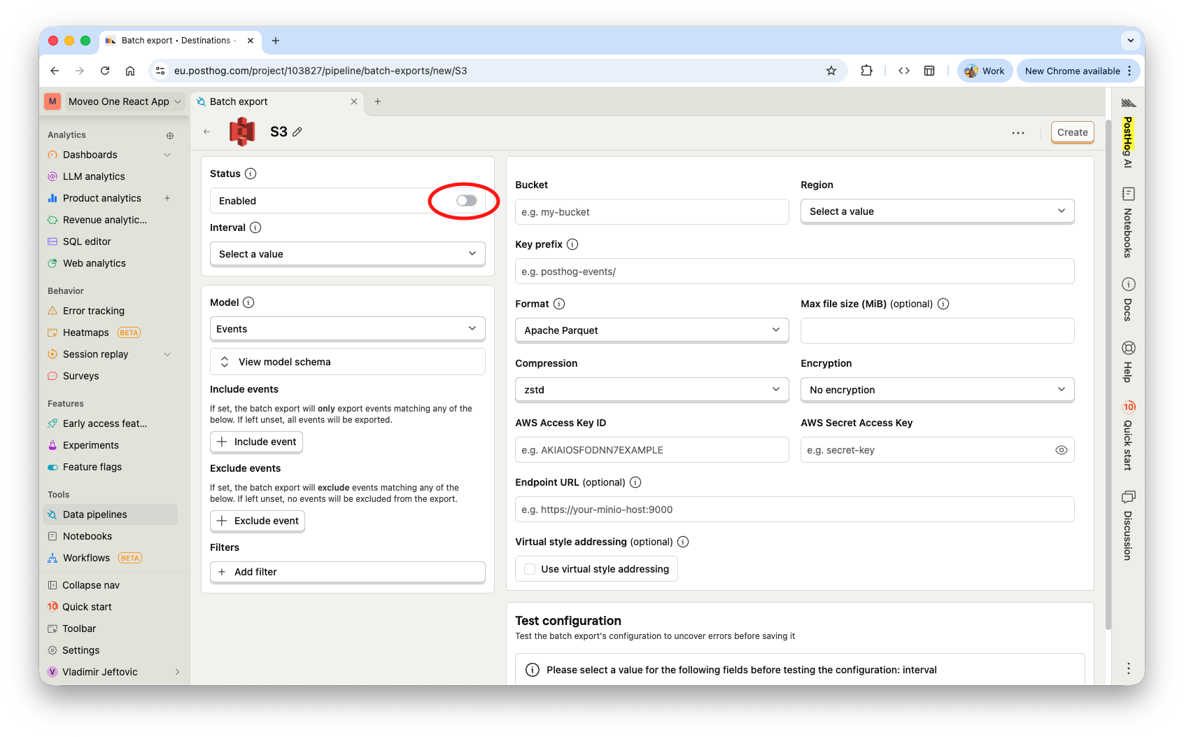 Empty S3 batch export form ready to configure