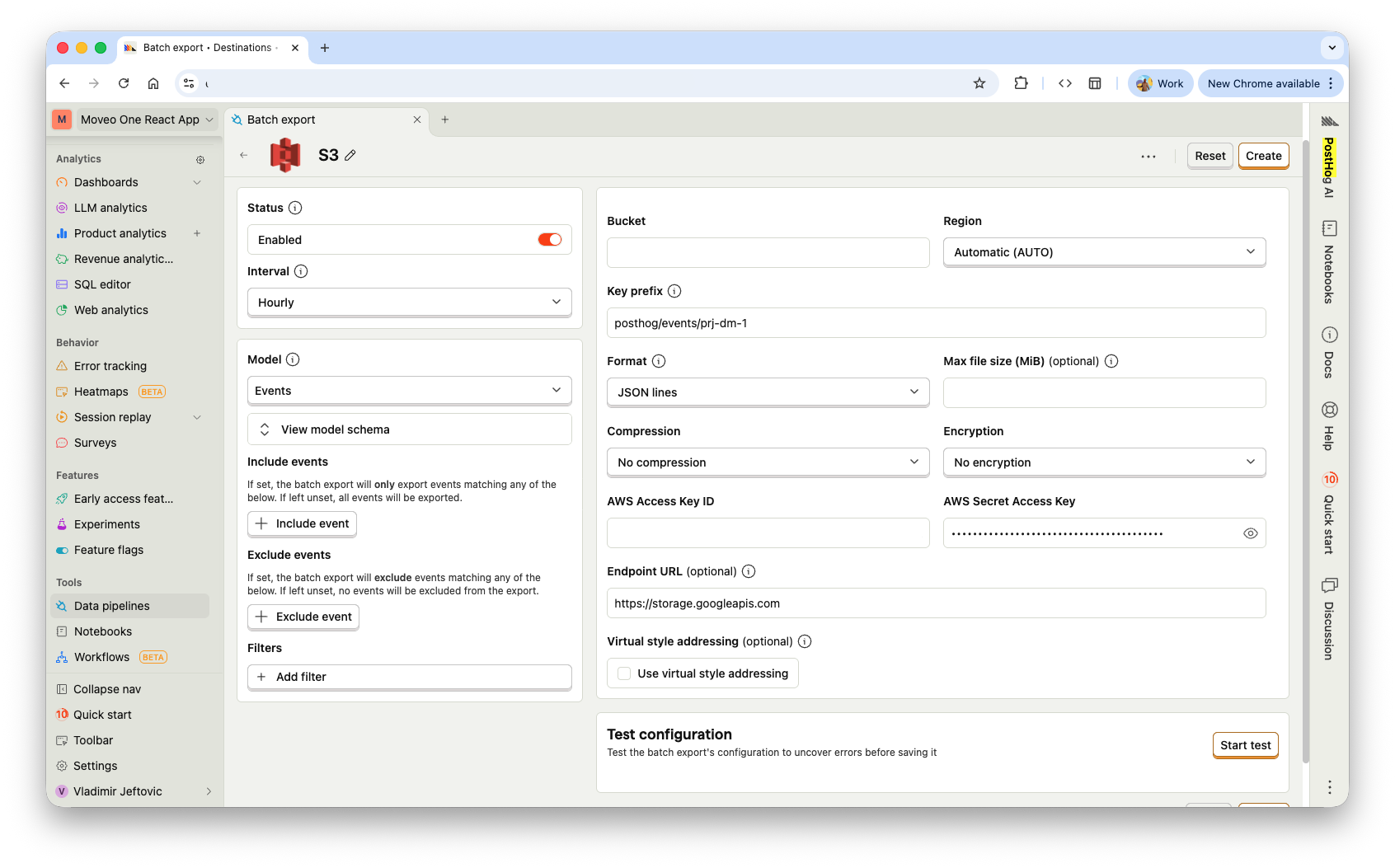 Configured S3 batch export pointing at the Moveo One bucket