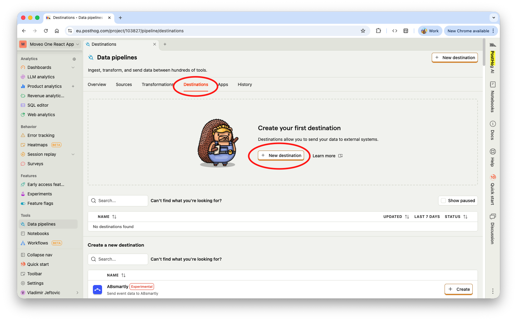 PostHog Data pipelines — Destinations tab