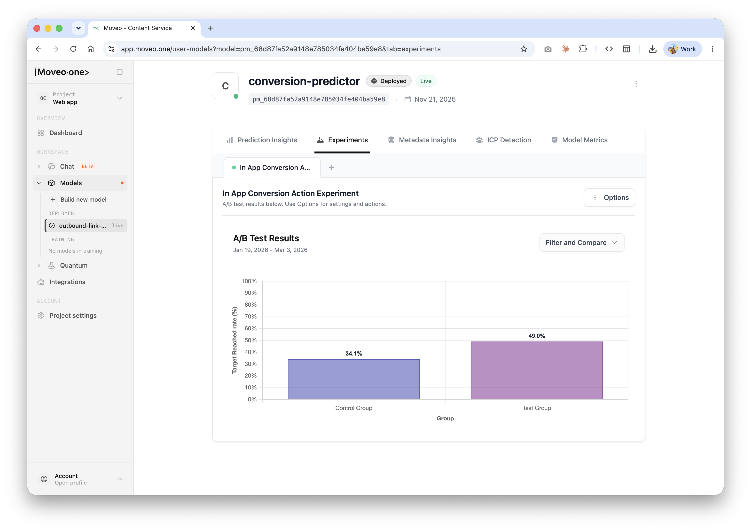 Experiment — A/B test results comparing control and test groups