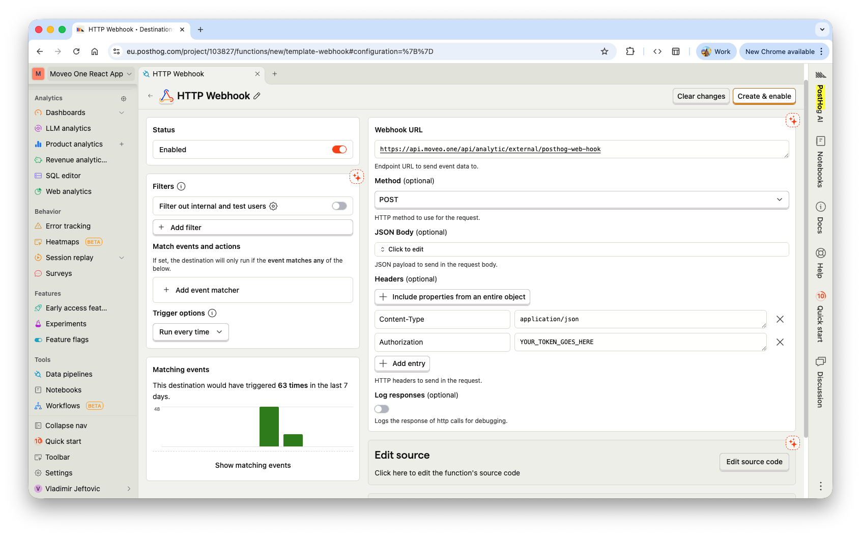 HTTP Webhook configuration pointing at the Moveo One endpoint