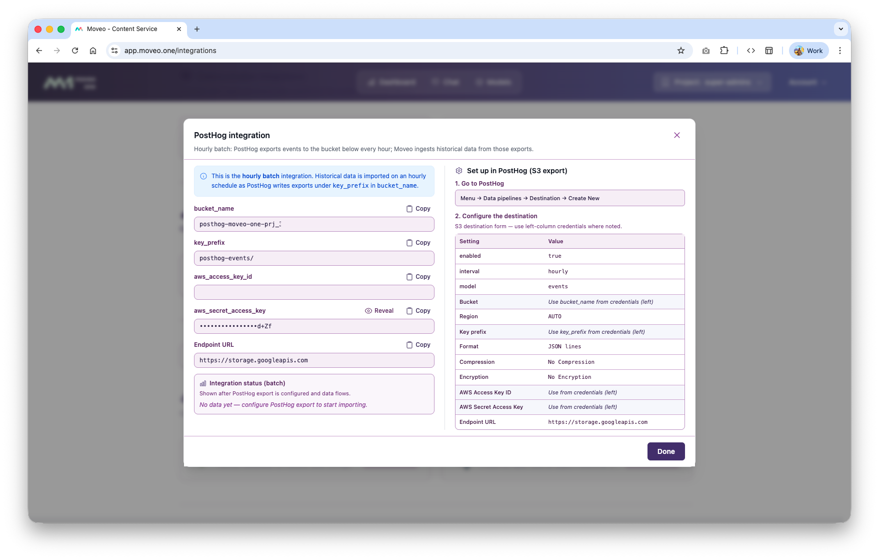 Moveo One PostHog integration modal — bucket credentials for the S3 export