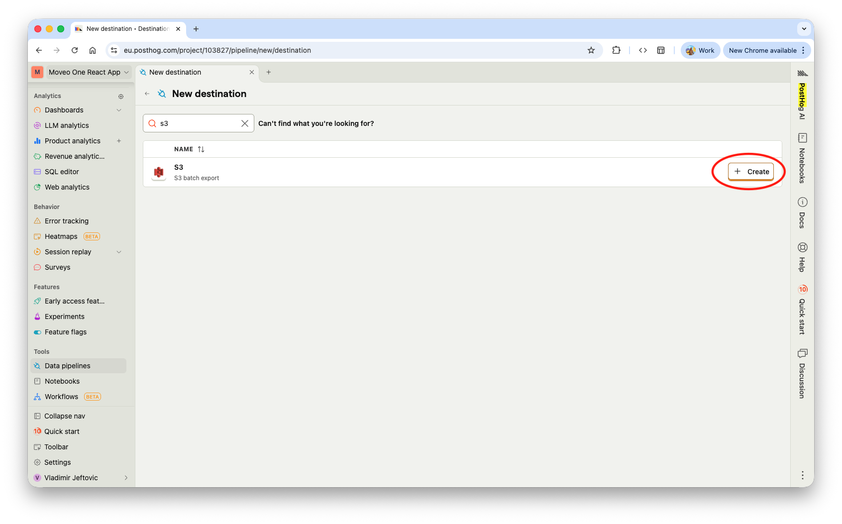 Create an S3 batch export destination