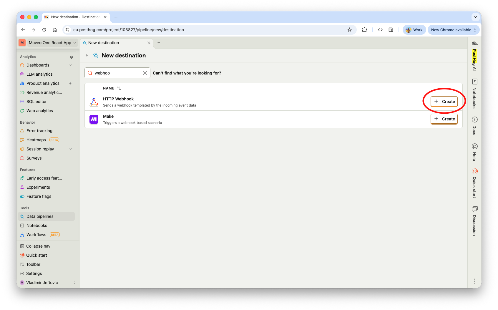 Create an HTTP Webhook destination