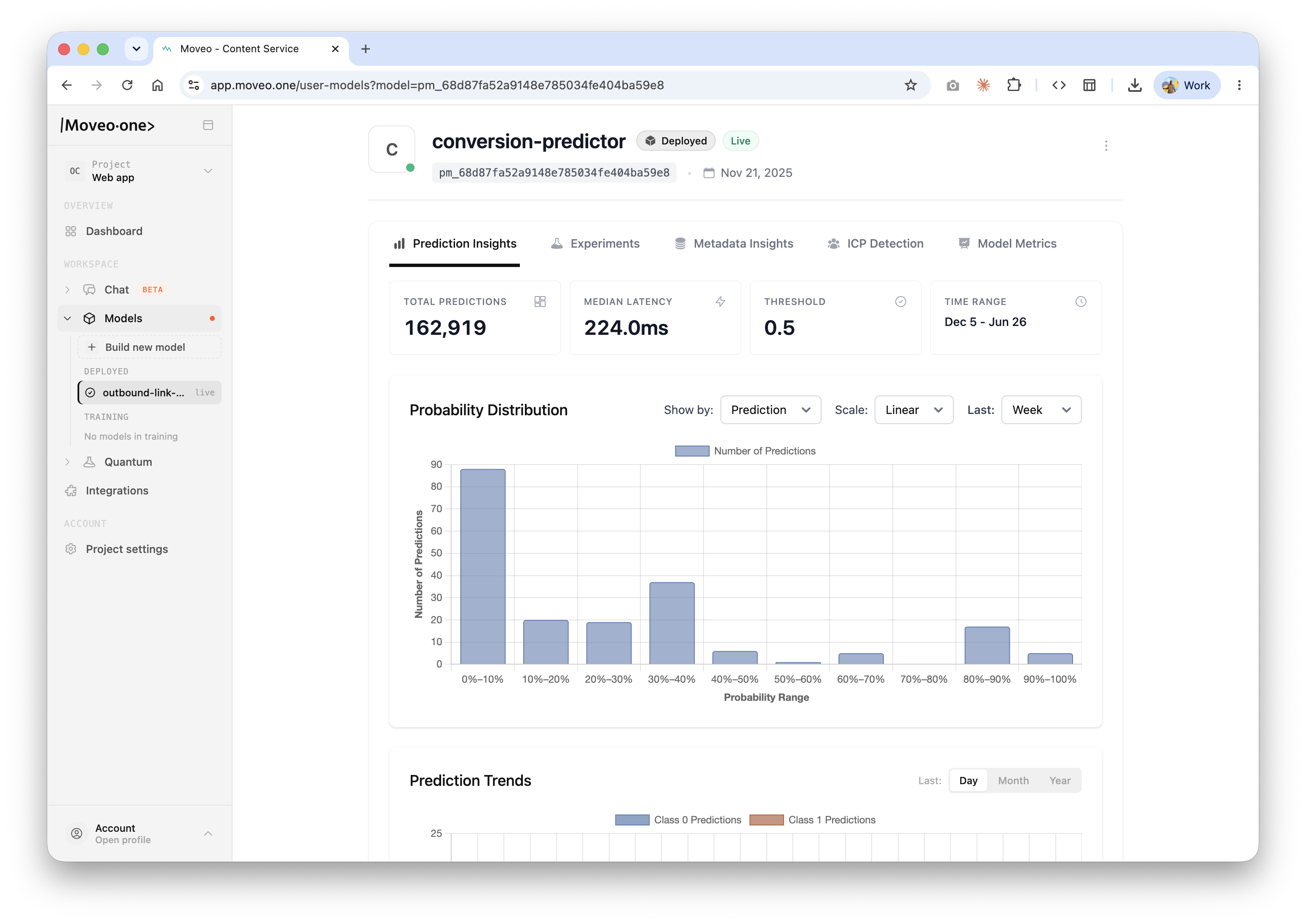 Predict — prediction insights with probability distribution and volume
