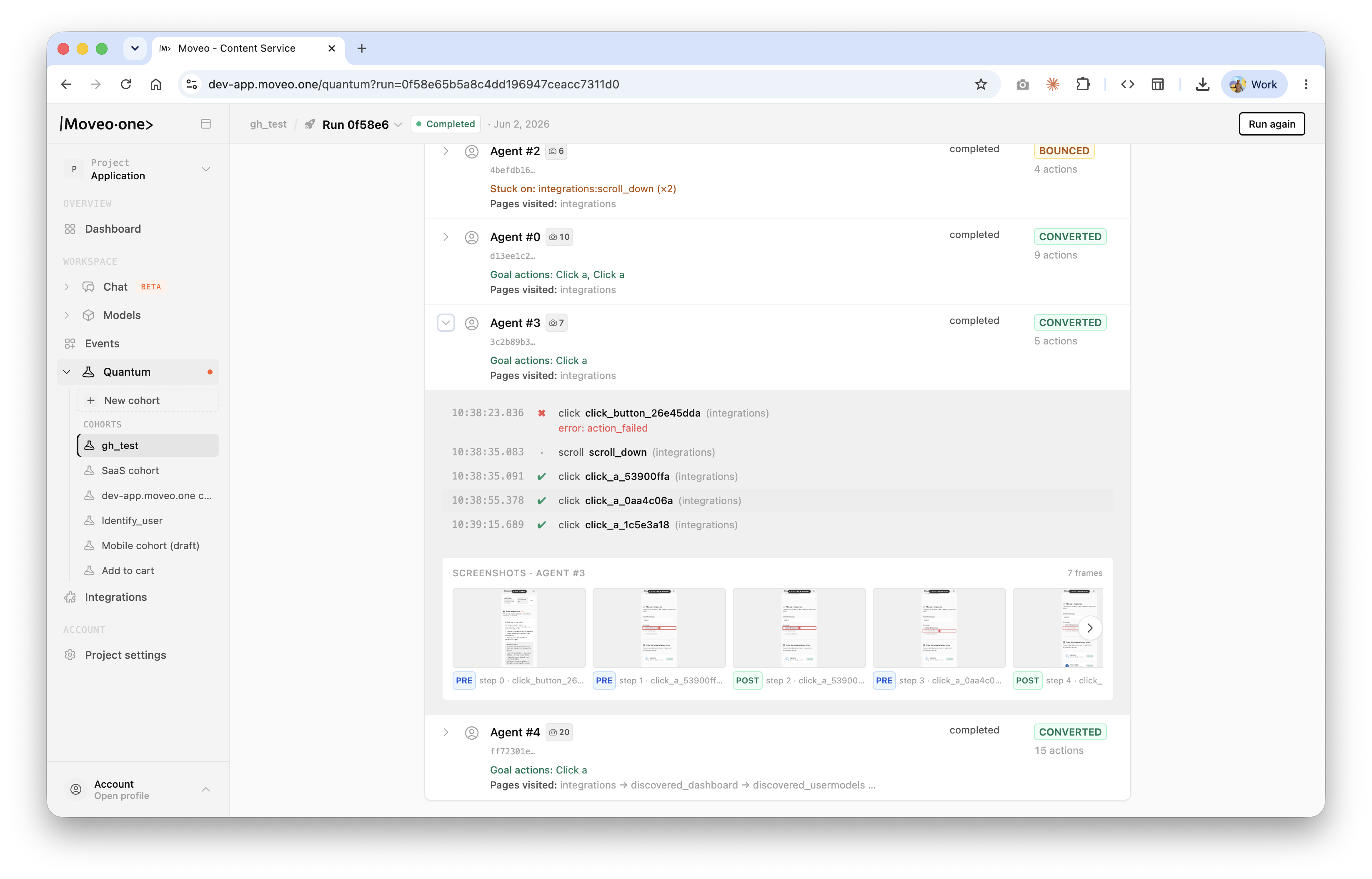 Simulate — per-agent run detail with action timeline