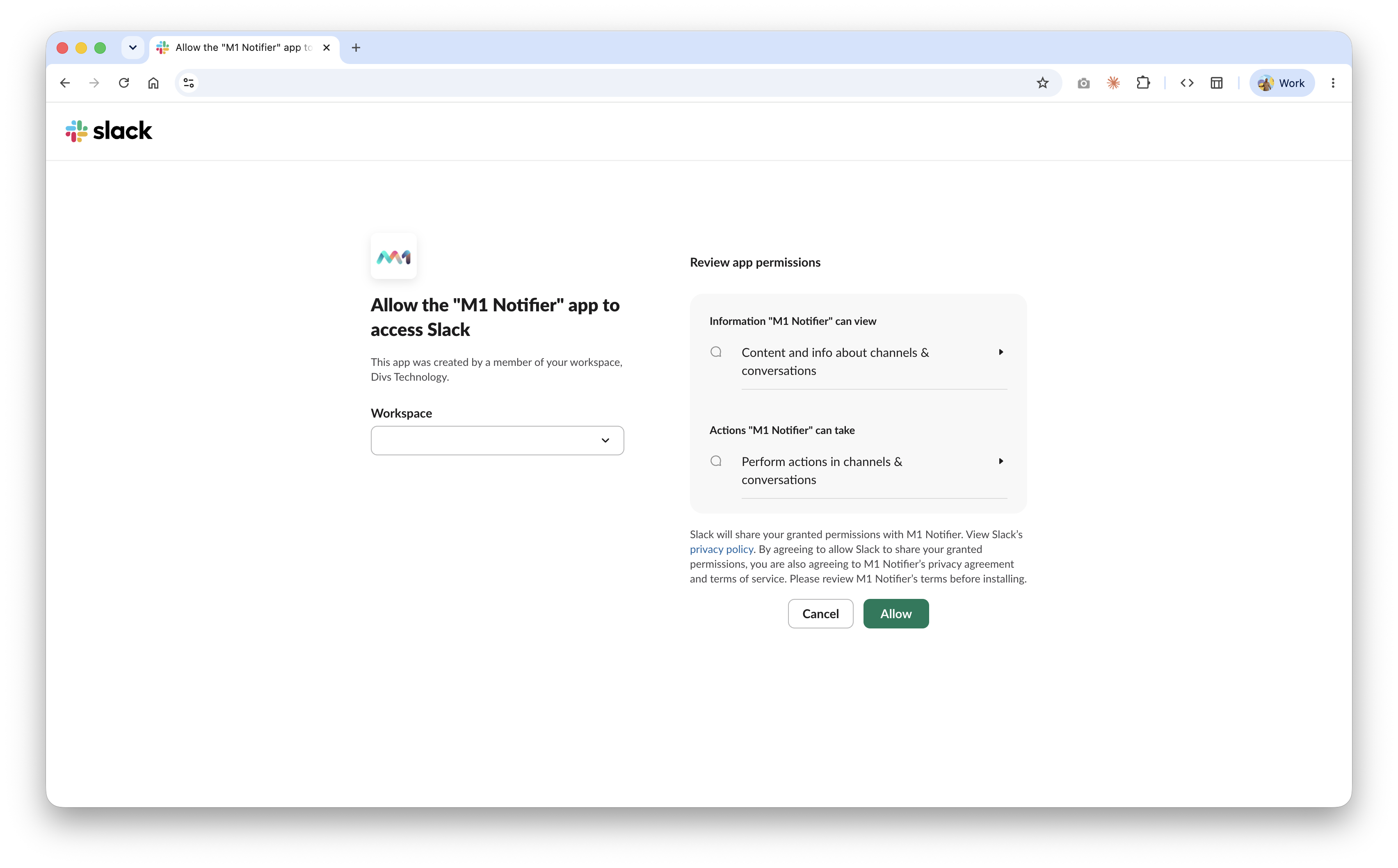 Authorize the M1 Notifier app to access Slack