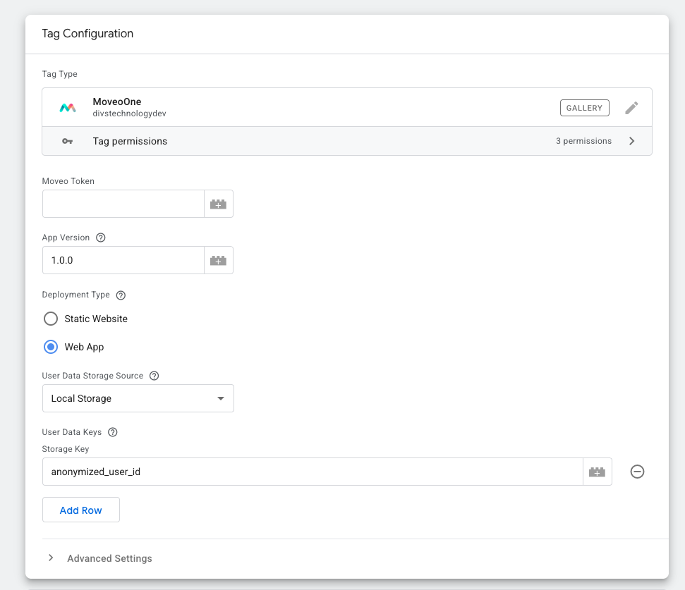 Adding a Storage Key row in the MoveoOne tag