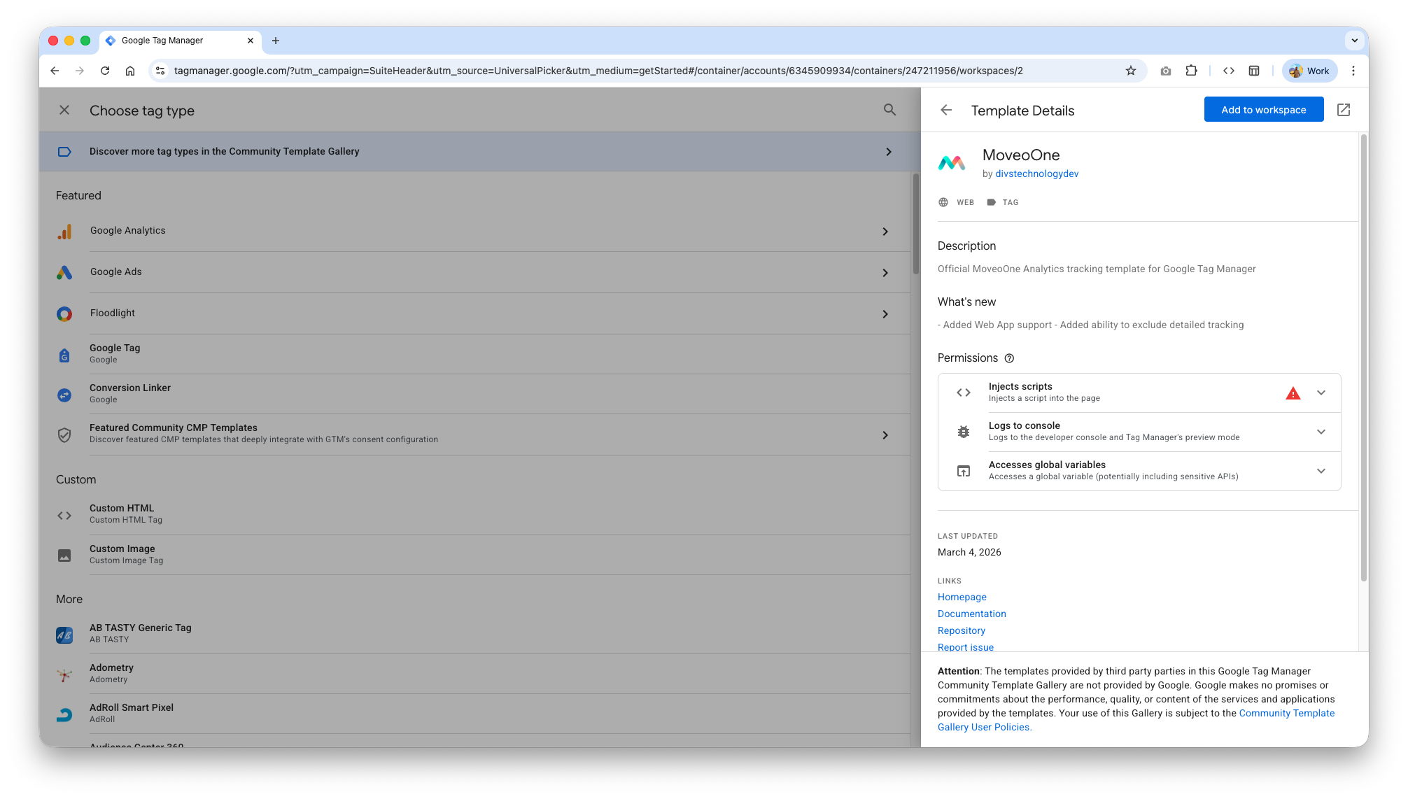 MoveoOne template details in the Community Template Gallery